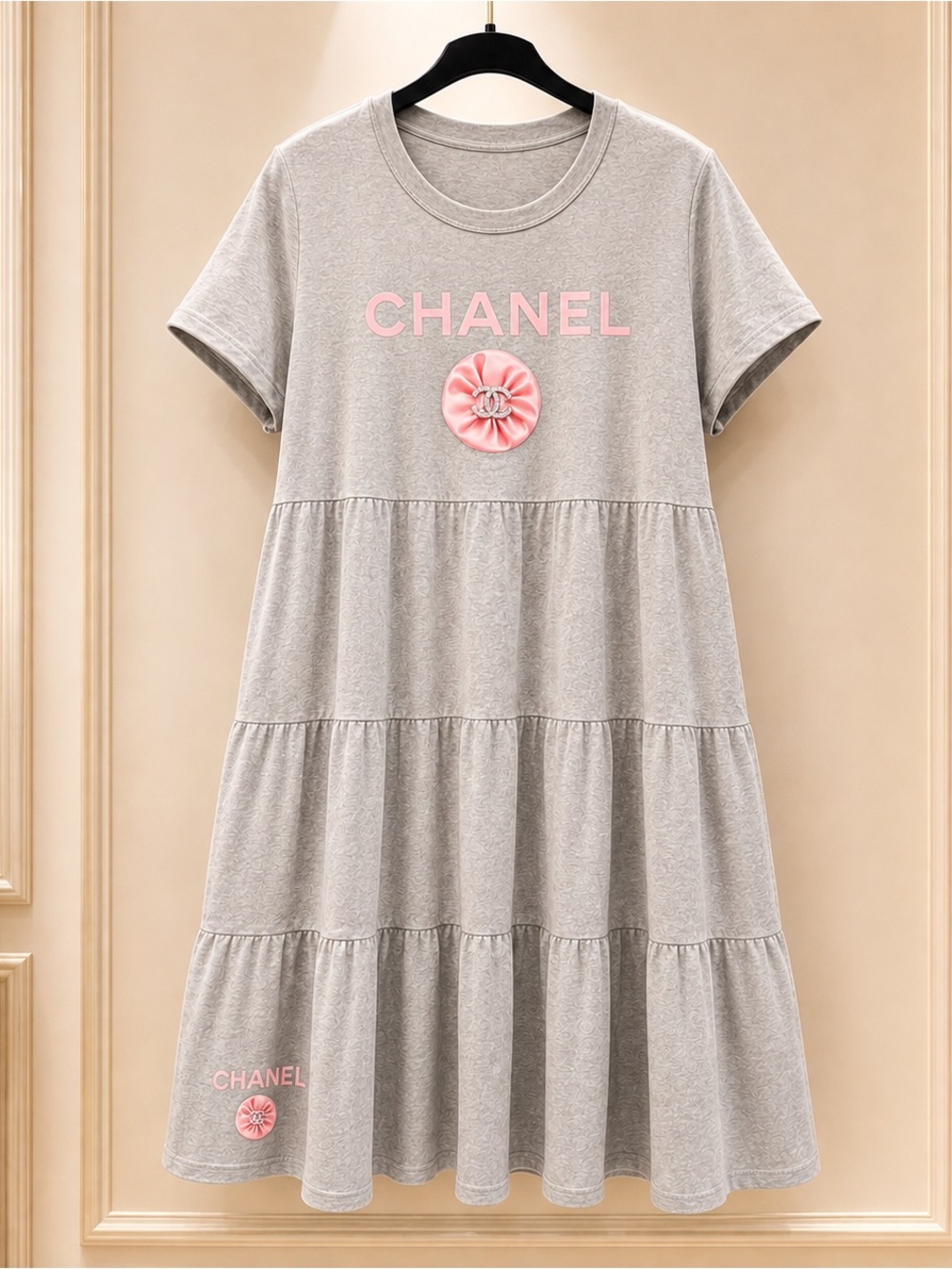 Grey Tiered Logo Dress with Pink Accents